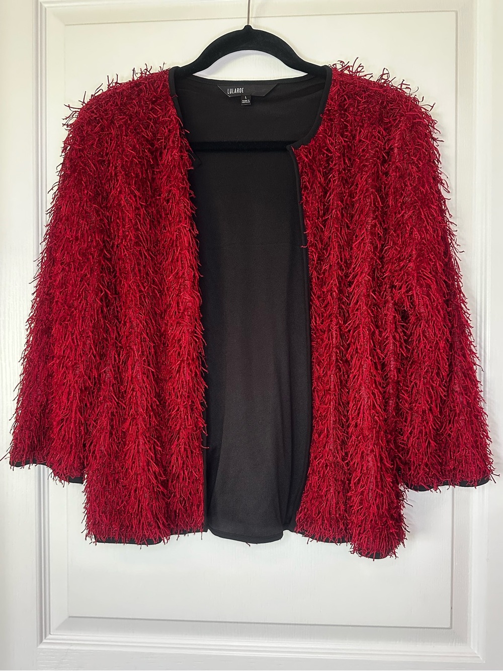 LuLaRoe Red Fuzzy Open-Front Cardigan